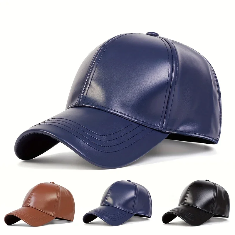 Unisex Solid Color PU Leather Baseball Caps Adjustable Casual Hats Spring and Autumn Outdoor Sunscreen Hat