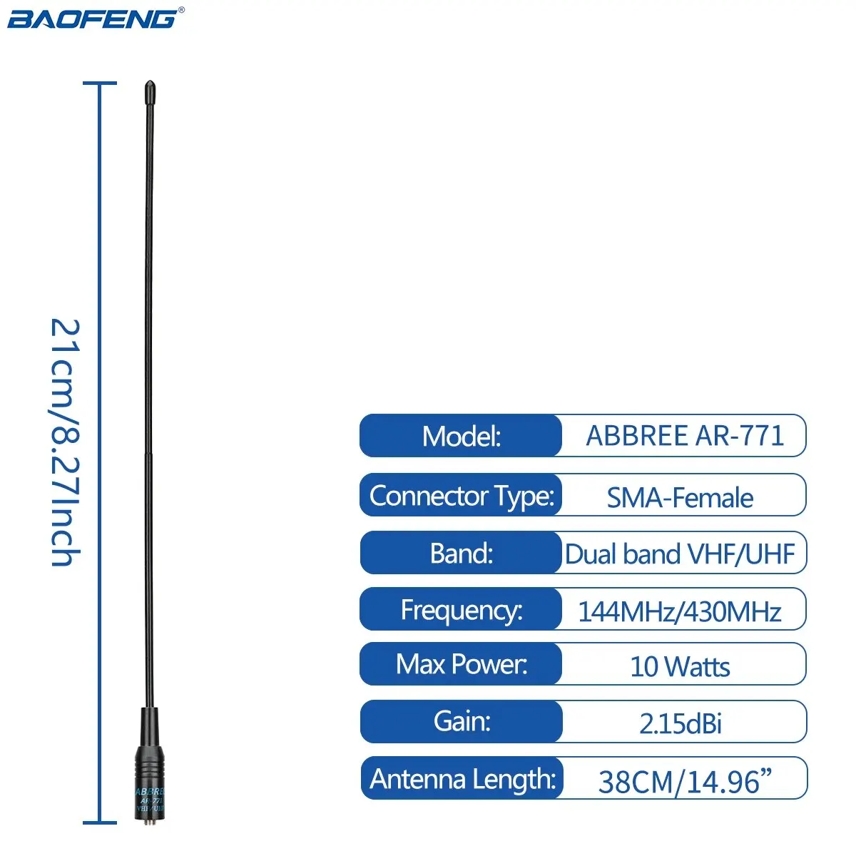 ABBREE AR 771 SMA 암 안테나, 듀얼 밴드, Baofeng UV 5R S9PLUS UV 13 21Pro Quansheng UV K5 워키토키 NA771, 144 MHz, 430MHz