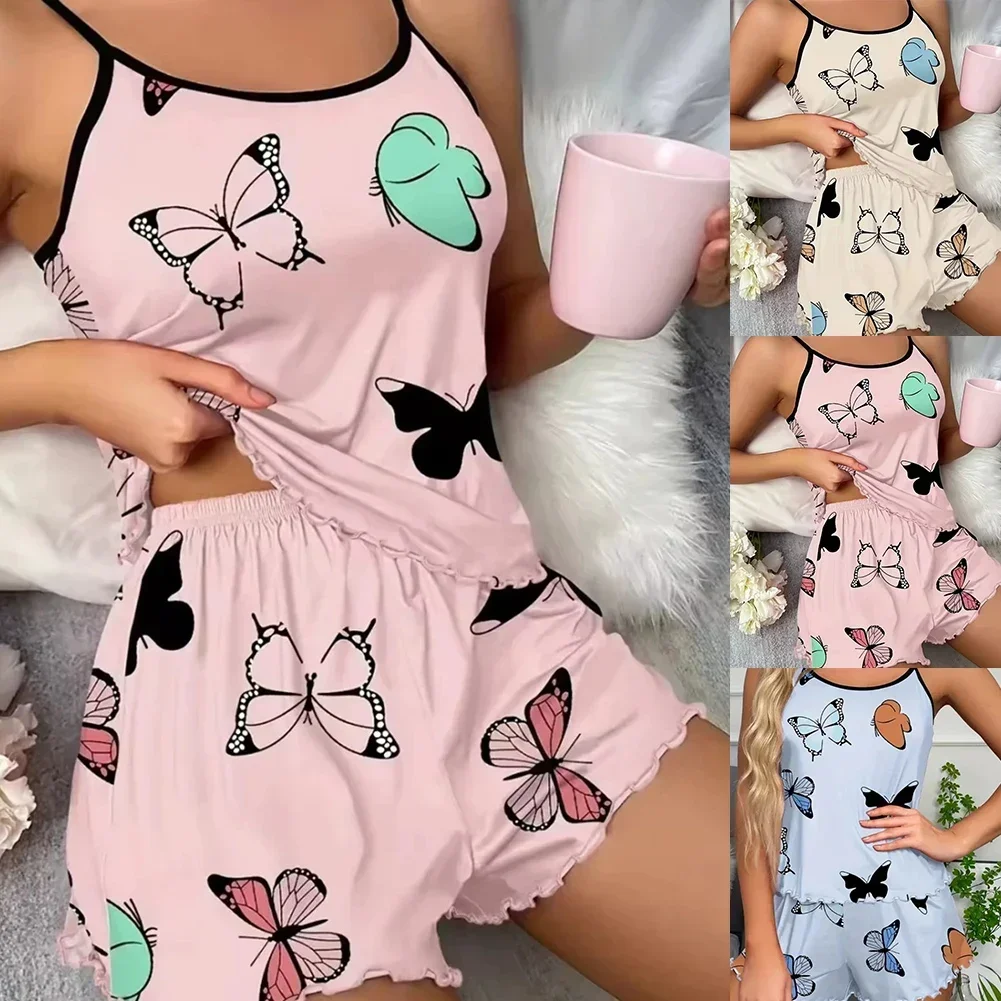 

Women Butterfly Print Pajamas Suit Comfortable Stylish Casual Soft Sexy Vest Shorts Sleepwear Nightwear