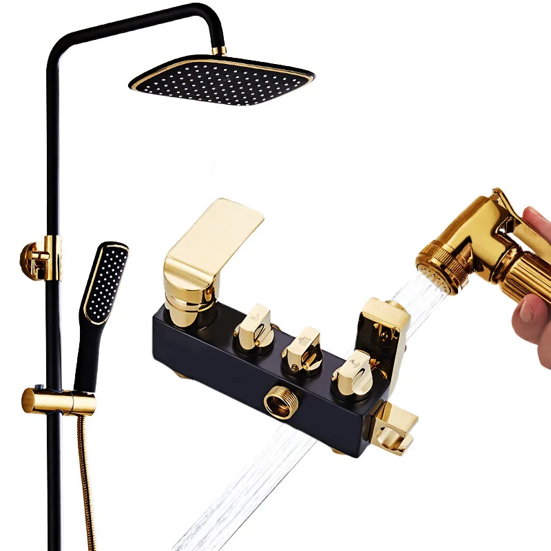 

Full Copper Black Gold Shower Set, Bathroom Temperature Control with Bidet Shower Nozzle