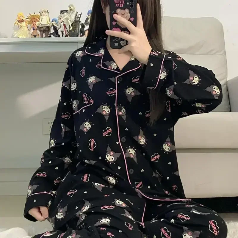 Kawaii Kuromi Anime Sanrio Pajamas Sets Spring and Autumn Girls Kuromi Cartoon Sleepwear Long Sleeved Thin Princess Home Wear