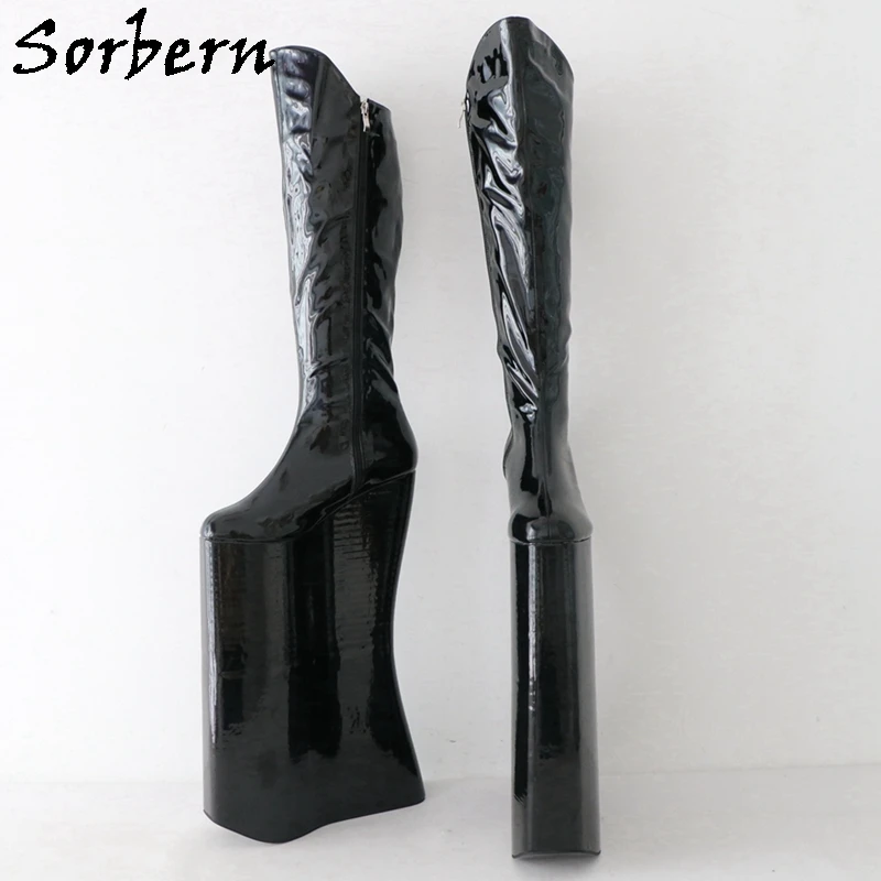 Sorbern Knee Drag Queen 40cm Wedge Boot Women Patent Black Punitive Shoes Zip Up Thick Platform Crossdreser Boots Custom