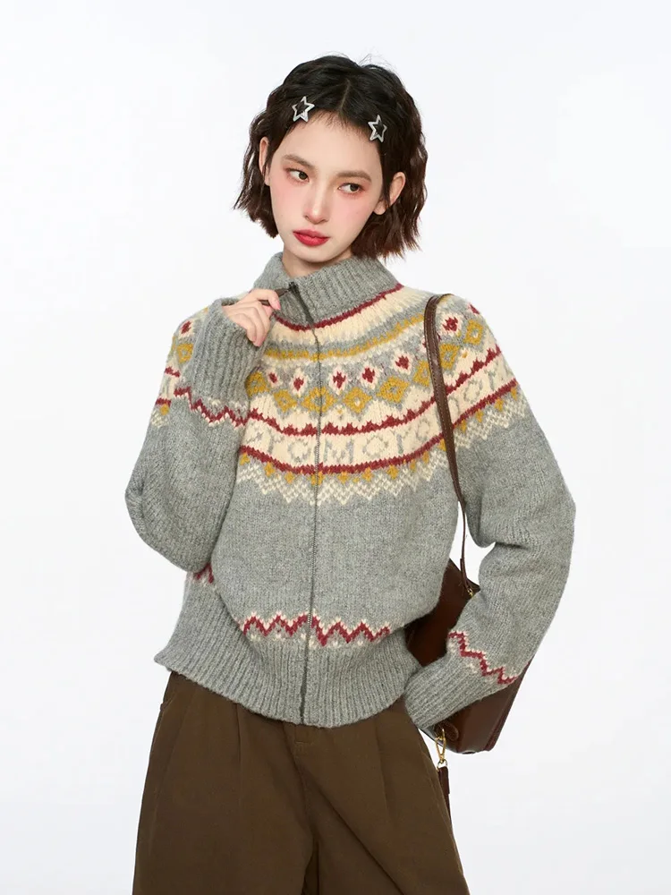 

Vintage Harajuku Print Cardigan Sweaters Women Soft Streetwear Long Sleeve Knitted Jacket Retro American Casual Zipper Gray Tops