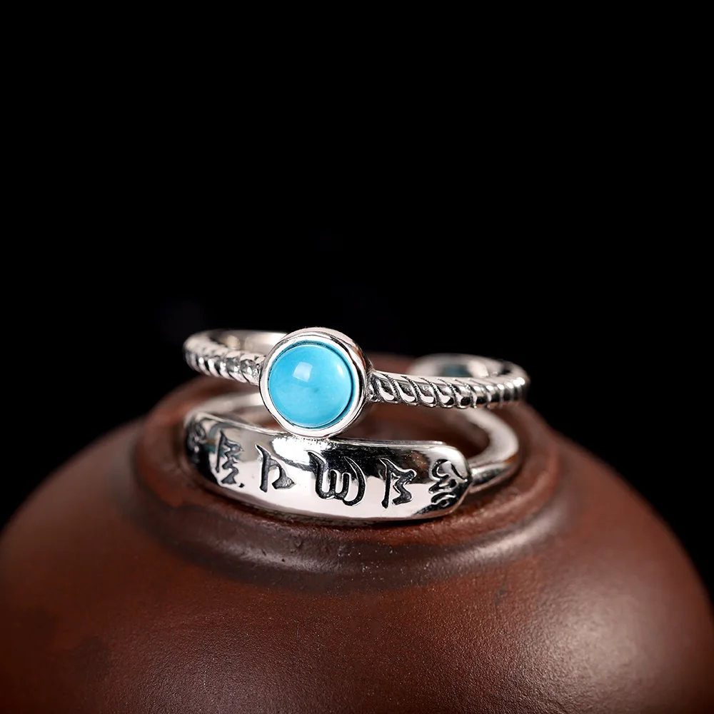 Natural Turquoise Tibetan Six Characters Buddhist Mantra Female Bridal Rings 925 Sterling Silver Jewelry For Women Layers Girls