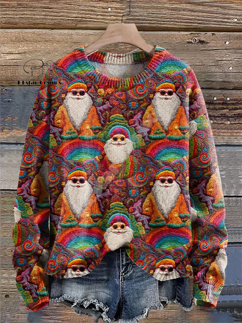 Pull de Noël à manches longues avec impression 3D, pull Harajuku, chat, chien, graffiti, vintage, rétro, hiver, drôle, père Noël, V13