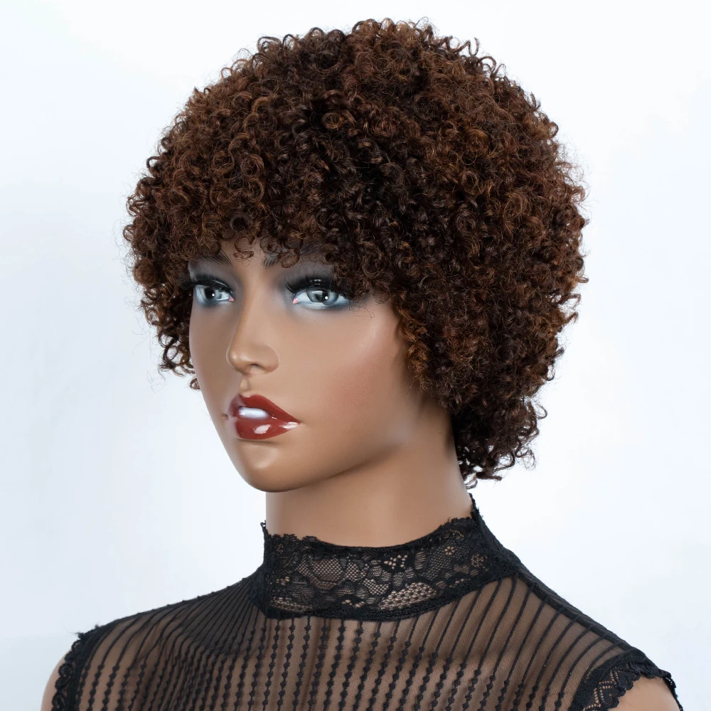 Pelucas de cabello humano brasileño para mujeres negras, pelo corto Afro rizado de Color resaltado, sin pegamento, hecho a máquina, venta al por