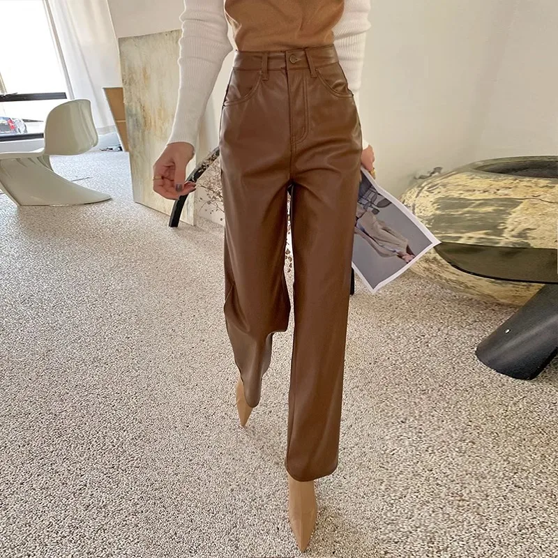 

Ретро-брюки из искусственной кожи для женщин, новые осенне-зимние повседневные брюки с высокой талией и облегающим кроем для невысоких женщин