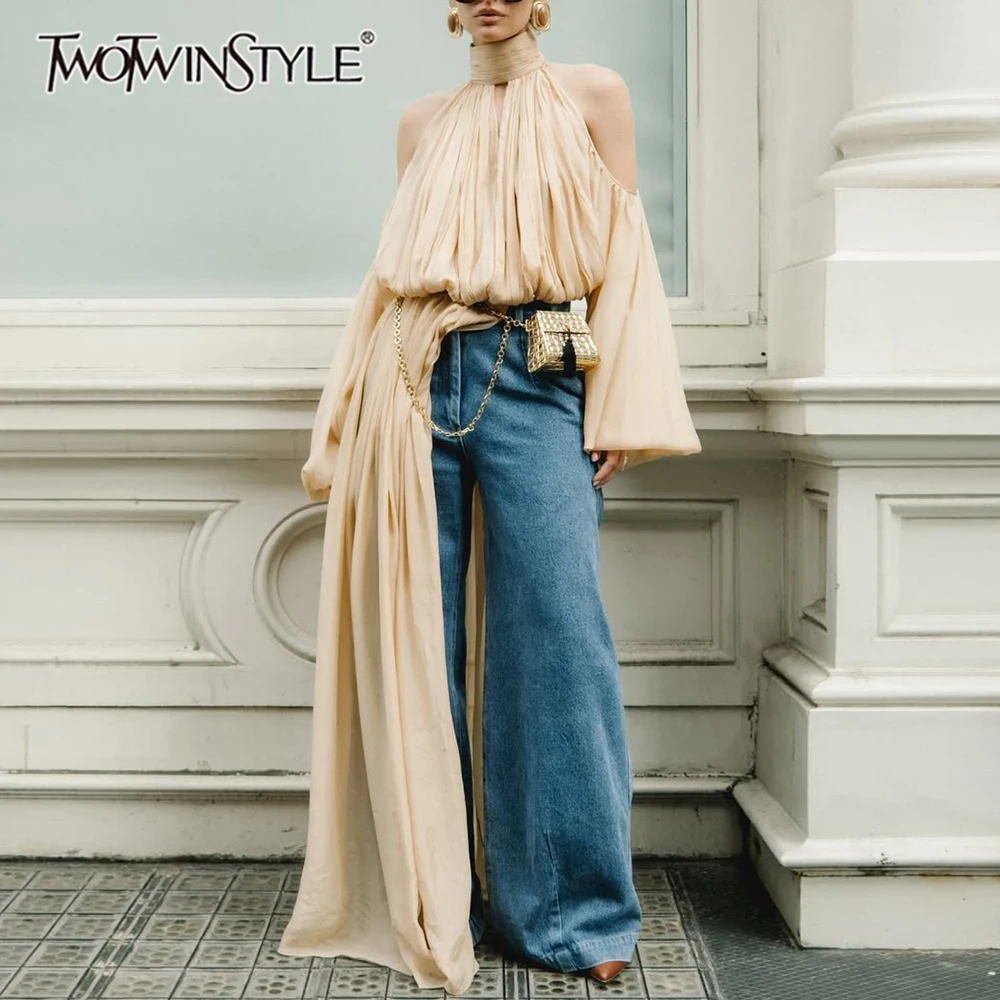 TWOTWINSTYLE Fashion Apricot Turtleneck Ruched Accent Blouse for Women Off The Shoulder Oversized Sleeve Top for Street Style