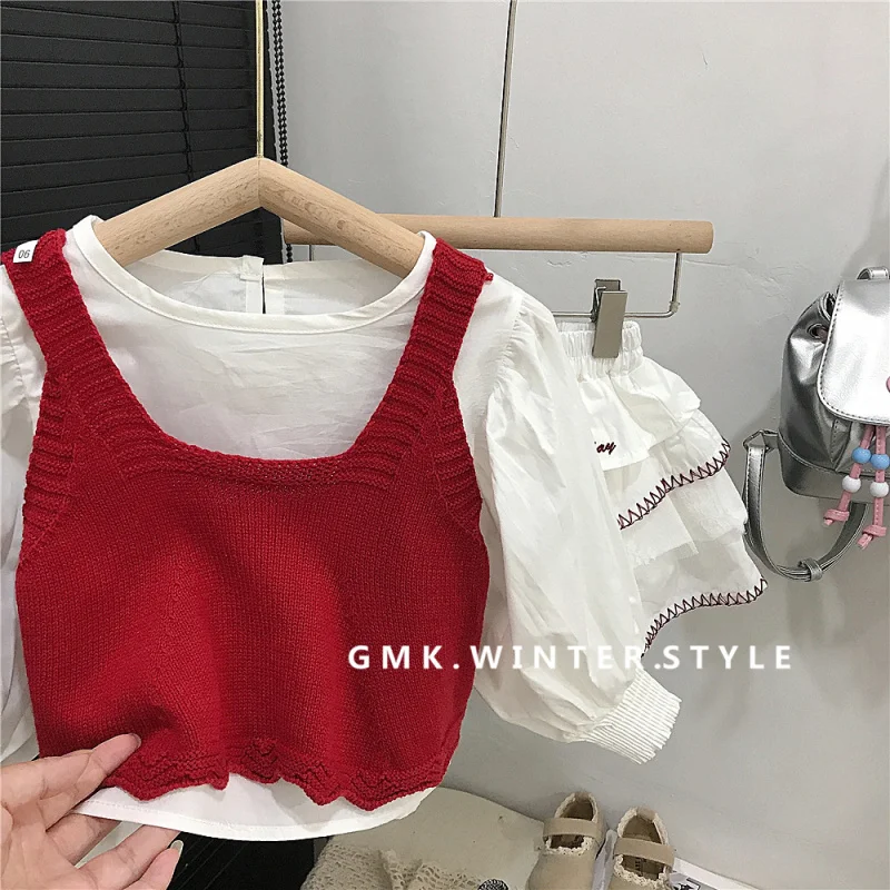 

Girls Sweet Red Knitted Vest Embroidered Lace Trim Half Skirt Puff Sleeve Babydoll Three Piece Set