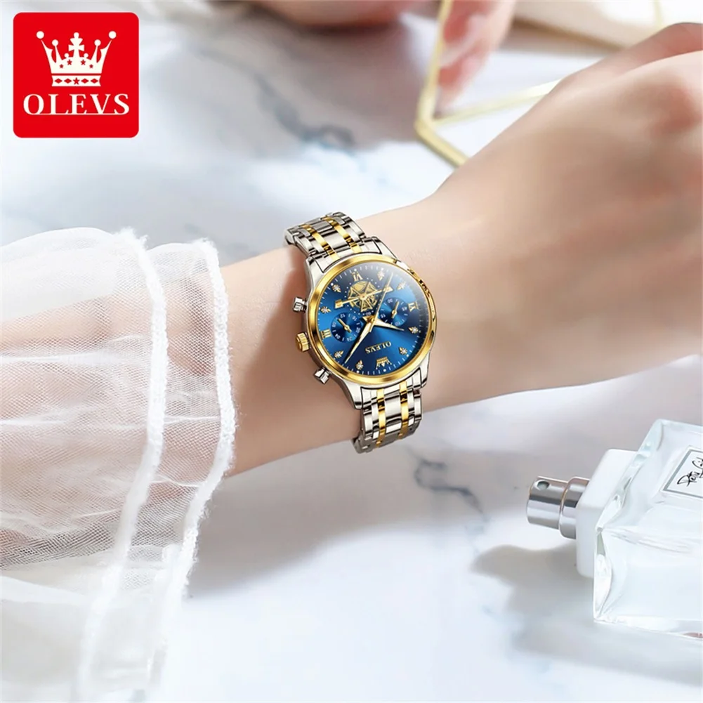 OLEVS Original Quartz Watch for Women Stainless Steel Waterproof Luminous Chronograph Luxury Top Brand Elegant Ladies Wristwatch