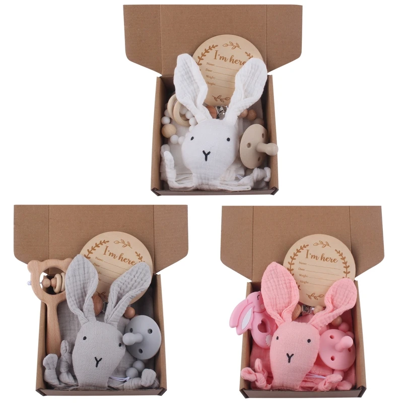 

Baby Gift Set Rabbit Appease Towel Baby Pacifier Teether Pacifier Chain Memorial Card Bib for Infant Baby Boys Drop shipping