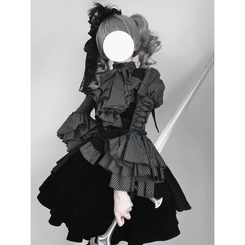 

Japanese Gothic Y2k Lolita Dress with Headwear Bow Striped Blouse Fluffy Cake Skirts Suit Women Fashion Dark Academia JK Outfits