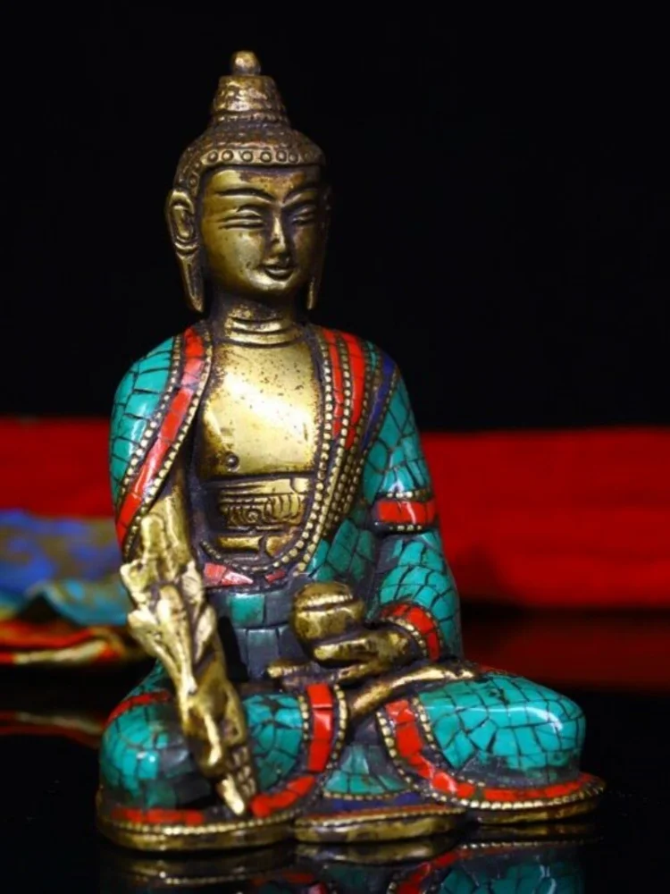 Antique copper Xizang ethnic style carving and color painting inlaid turquoise Tibetan Tantric Medicine Buddha statue decor