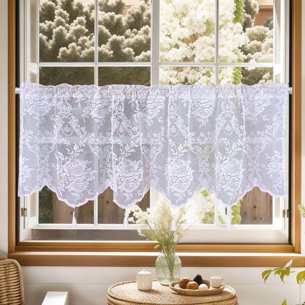 New White Lace Short Curtain Tassel Small Fresh Cabinet Drapes Tulle Window Half Curtains for Home Deco