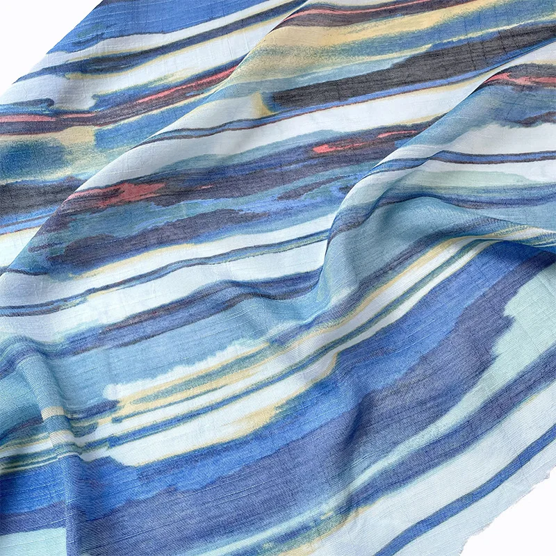 2 Yards Slightly translucent blue striped tie-dye cotton-linen fabric colorful handmade dressdiyCloth