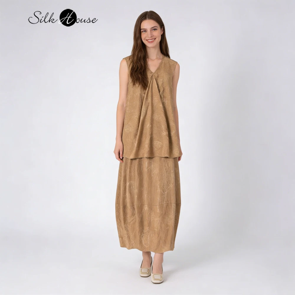 

2026 Women's Fashion Spring/Summer Clothing 76%Natural Mulberry Silk Dry Silk Vintage V-neck Vest Elastic Waist Flower Bud Skirt