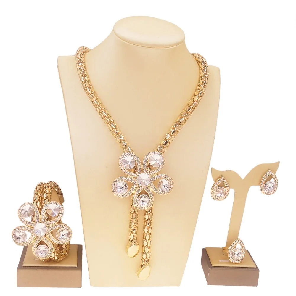 Women Jewelry Set Flower Shape Crystal Necklace Earrings Bracelet Ring Gift Party
