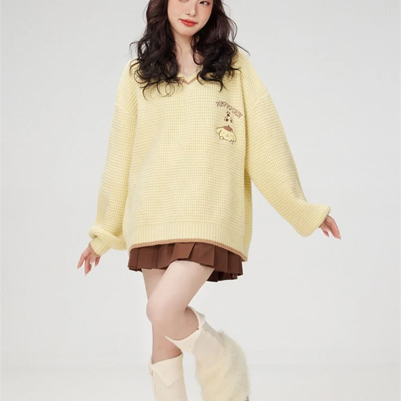 Kawaii Pompom Purin V-Neck Sweater Cartoon Sanrio My Melody Kuromi Cinnamoroll Girl Embroidered Knit Coat Cute Soft Sweater Top