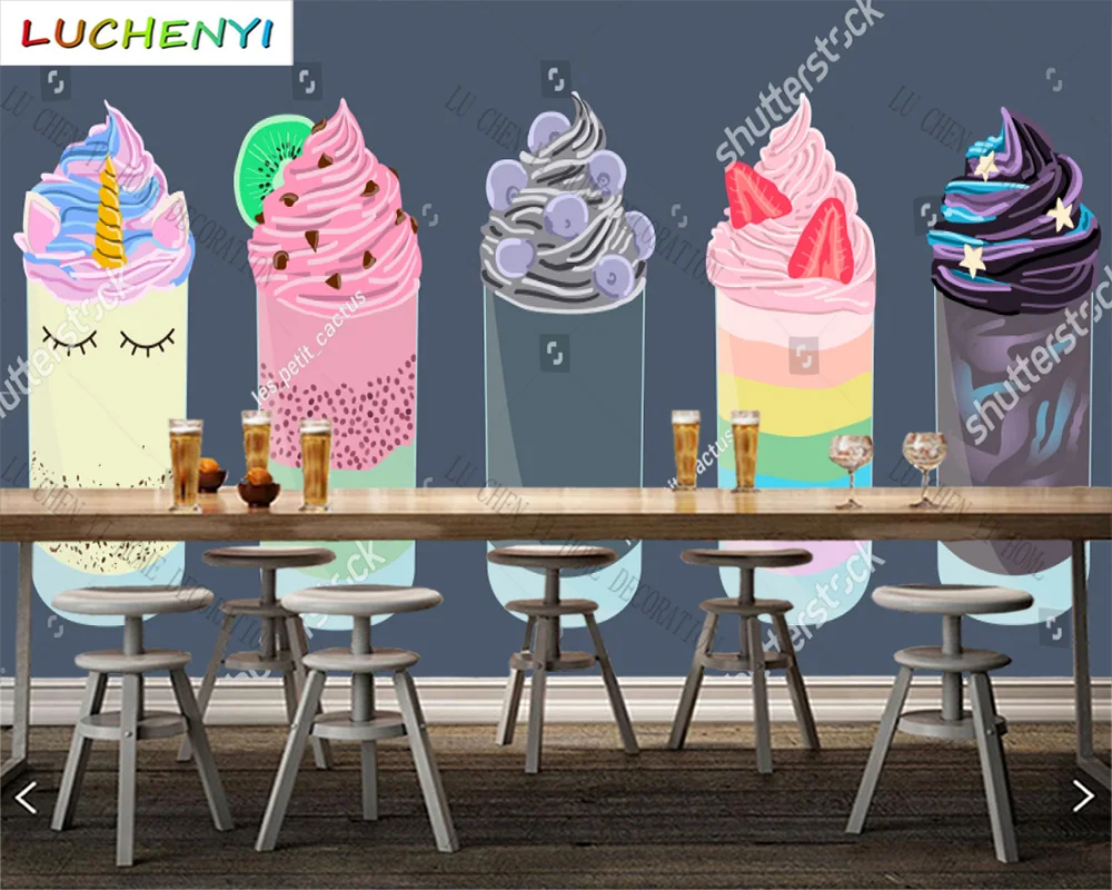 Custom colorful ice cream bubble tea mural wallpaper restaurant cold drinking shop dining room wall papers home decor sticker