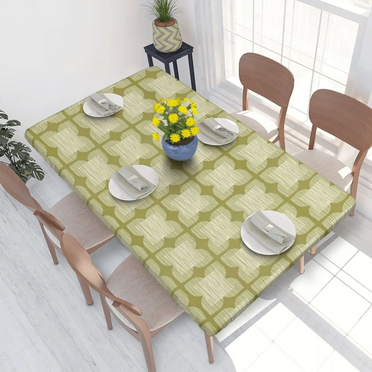 Custom Orla Kiely Flower Tile Olive Rectangular Tablecloth Oilproof 4FT Table Cloth Table Covers