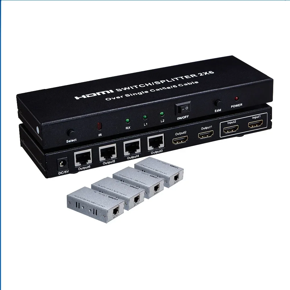 مقسم hdmi مع مخرج rj45، 4 قطع جهاز استقبال (RX) يمكنه موسع 60 مترًا فوق cat5e/6، يدعم 3D، 1080P، hdmi 1.4 مقسم التبديل 2x6
