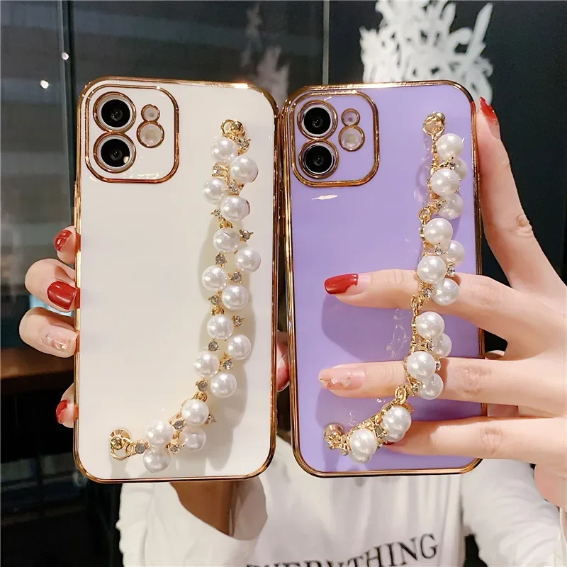 

Plating Pearl Bracelet Chain Soft Case For Iphone 15 13 14 12 Pro Max 11 Xs X Xr 7 8 Plus Glitter Silicone Cover Funda