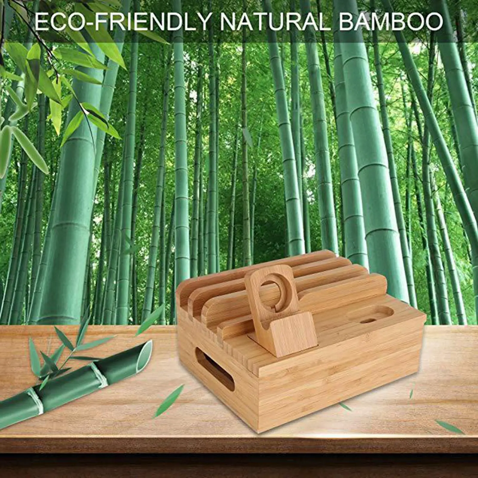 

Bamboo Charging Station Organizer for Multiple Devices, Desktop Docking Holder Phone, Tablet, Watch Stand