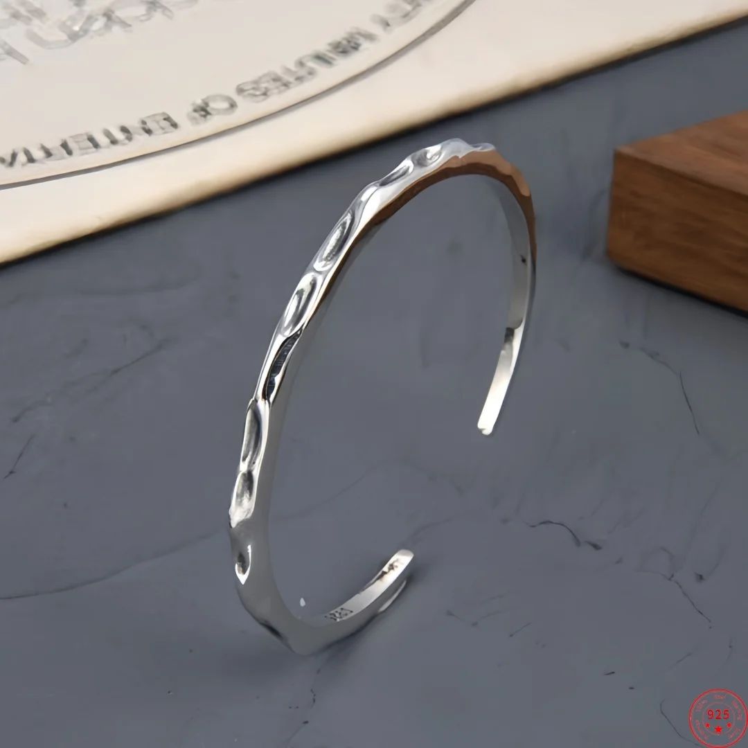 New S925 Sterling Silver Charms Bangle for Men Women Antique Magma Pattern Punk Fashion Bracelet Fine Choice Jewelry