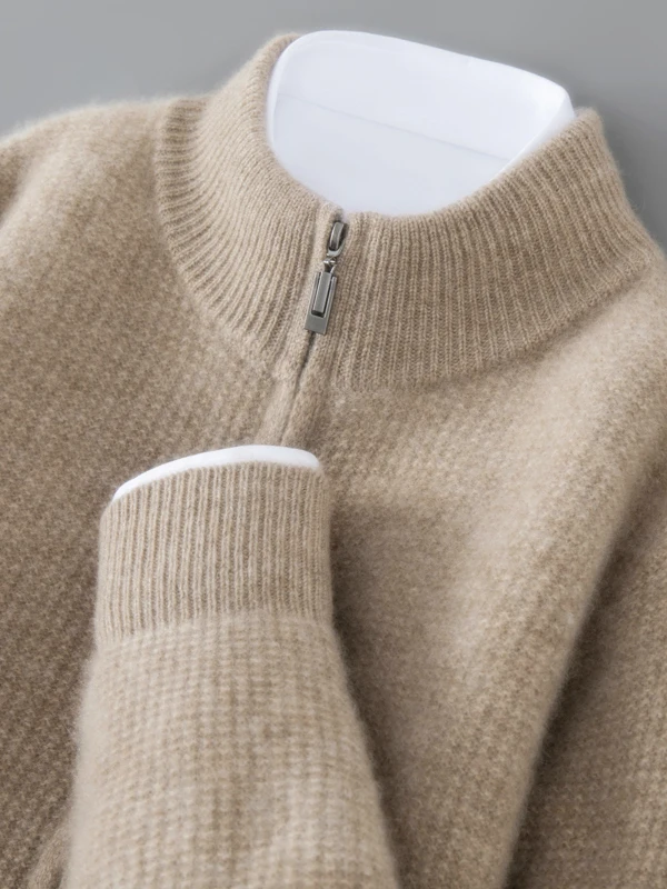 100% Pure Wool Men's Open Cardigan Half High Collar Zip Thickened Casual Knitted Sweater Autumn Winter New Cashmere Coat