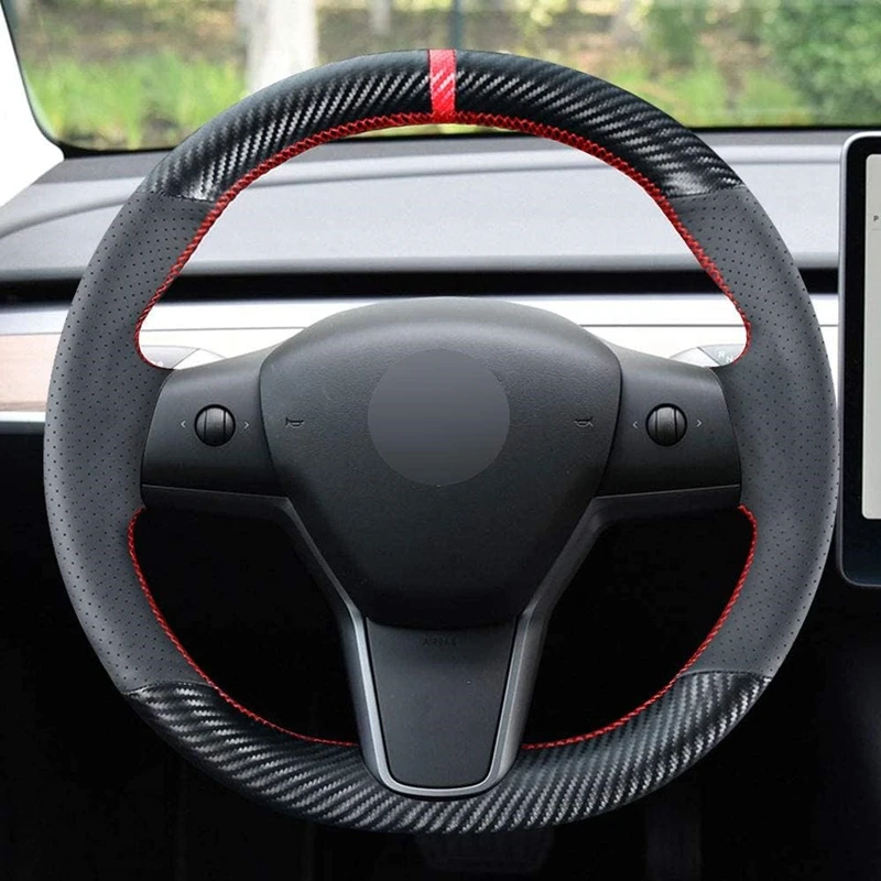 Carbon Fiber Steering Wheel Cover for Tesla Model 3 Sedan 2017-2021 Model Y SUV 2020 2021 Stitching Leather Interior Accessories