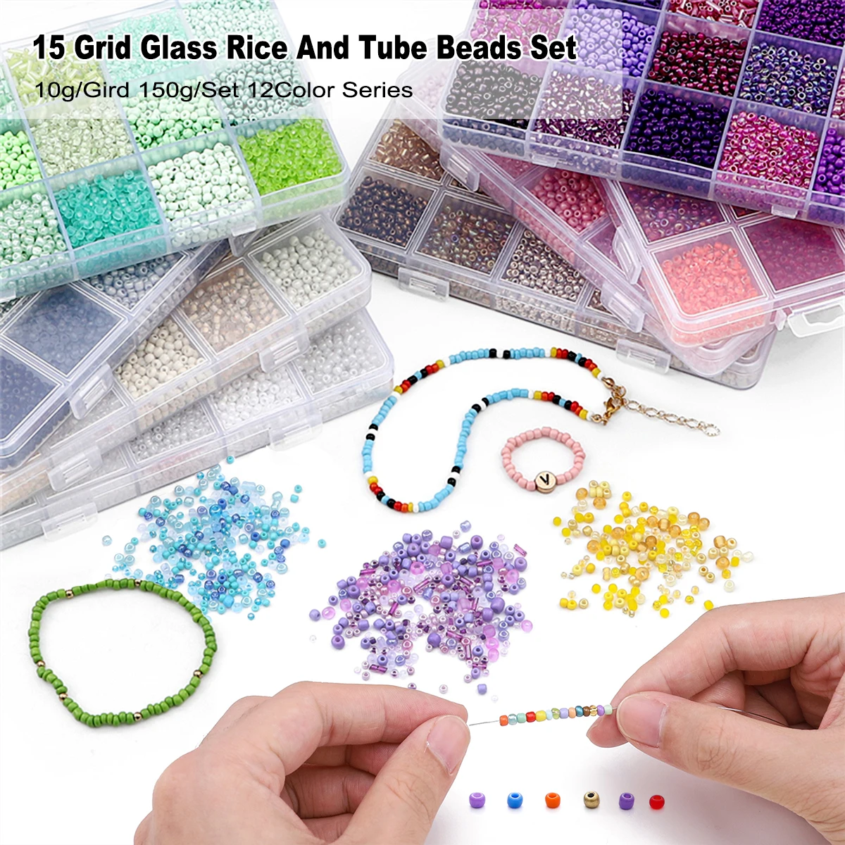 

15 Grid Glass Rice And Tube Beads Set For DIY Bracelet Necklaces Making Handmade Jewelry Accessories 10g/Gird 150g/Set