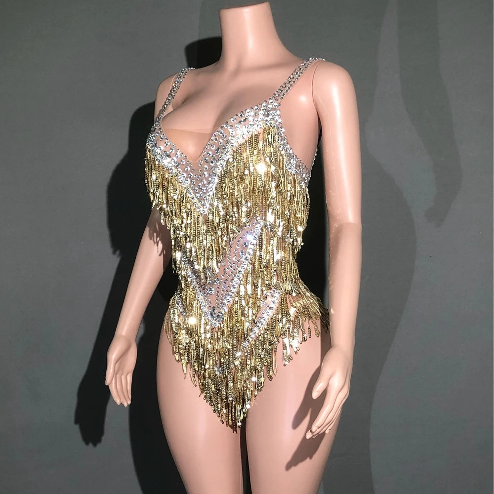 Sparkly Rhinestones Fringes Bodysuit Women Sexy See Through Party Outfit Performance Dance Costume Singer Dancer Show Stage Wear
