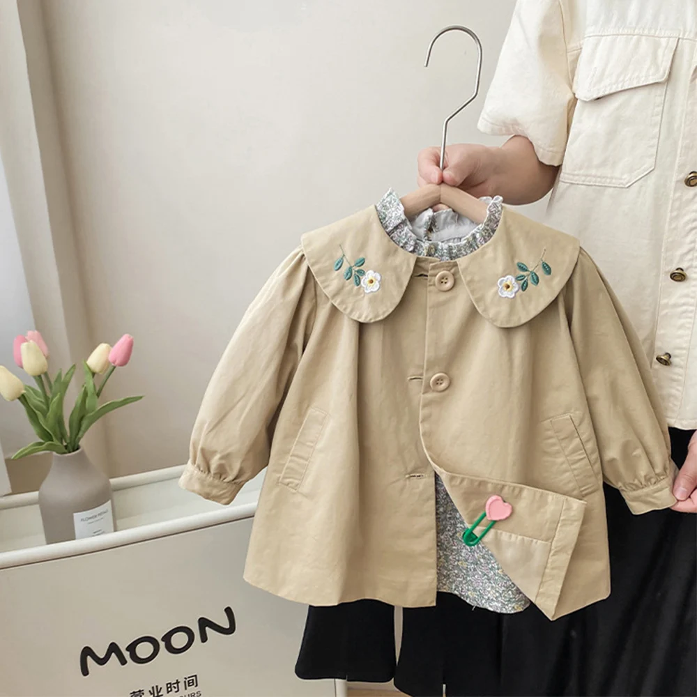 1-8Y Kids Girls Trench Coat Floral Embroidery Peter Pan Collar Versatile Windbreaker Children Casual One Breasted A-Line Jackets