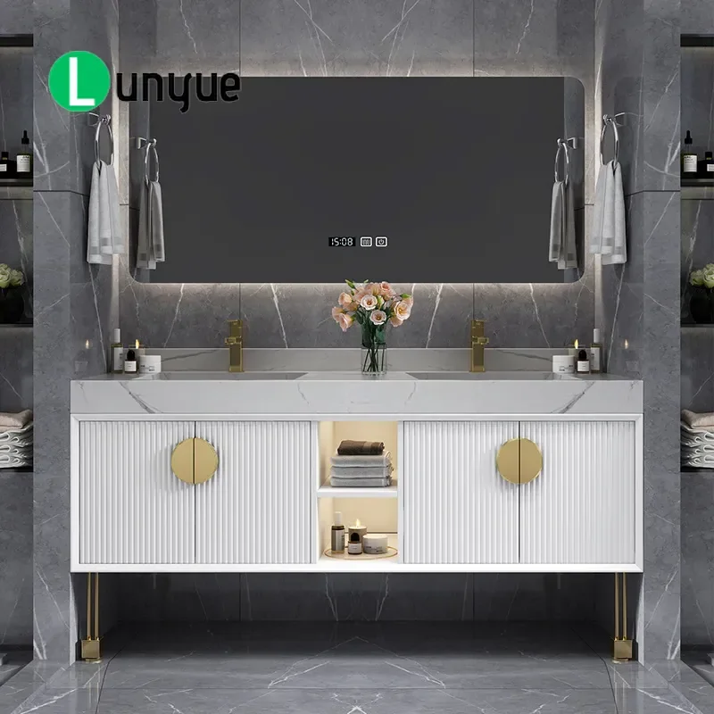 Solid Wood Rock Slab Bathroom Cabinet Modern Simple Washbasin Toilet Combination Set Vanity Unit for Bathroom Storage
