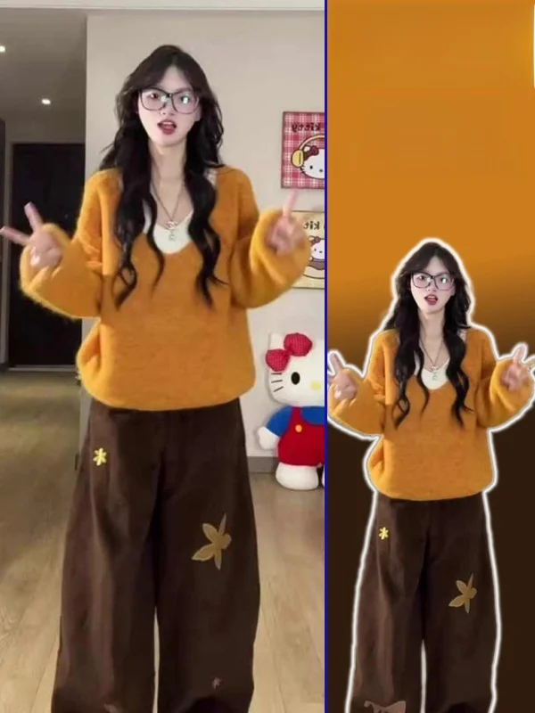 

Женский повседневный комплект больших размеров: свитер с V-образным вырезом и брюки с высокой талией и широкими штанинами. Модный универсальный комплект для весны и осени.