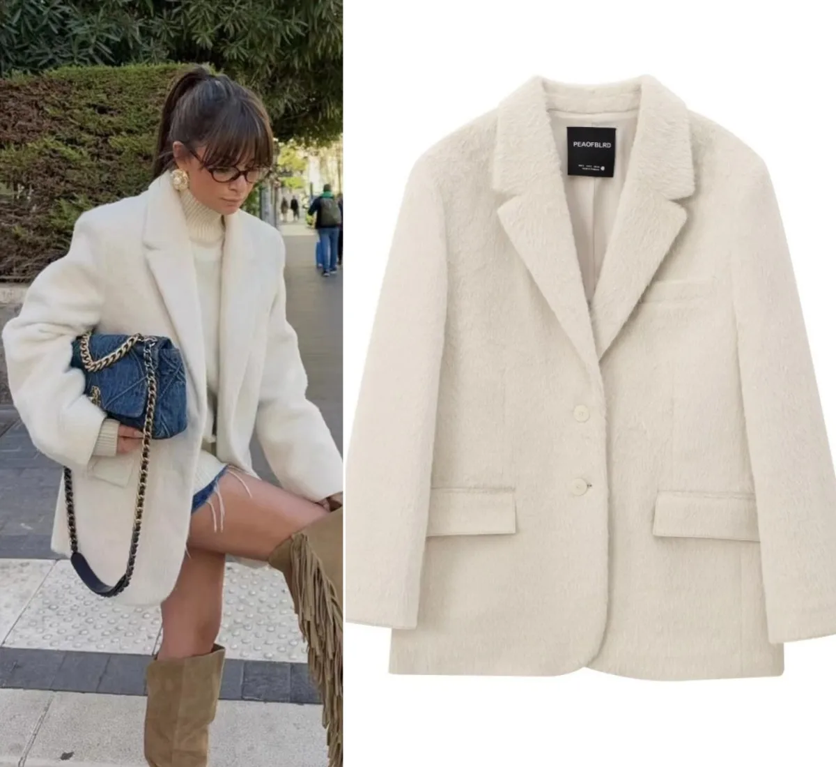 Winter New Women's Fashion White faux fur Effect straight cut loose Edition casual suit jacket