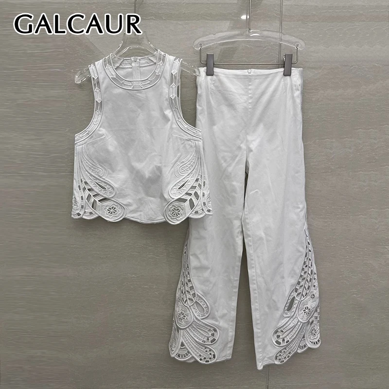 

GALCAUR Solid Loose Temperament Two Piece Sets for Women Round Neck Sleeveless Patchwork Hollow Out Vest High Waist Pant Female