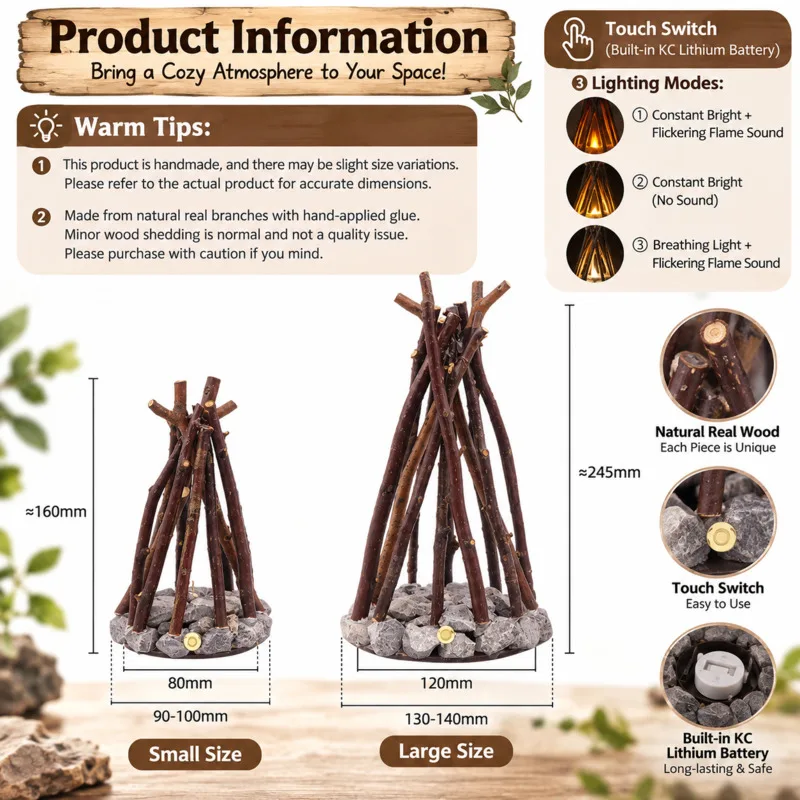 Wood Branches Stone Base Touch Control Campfire LED Night Light Faux Rechargeable Flameless Fireplace Lamp, Home Table Decor New