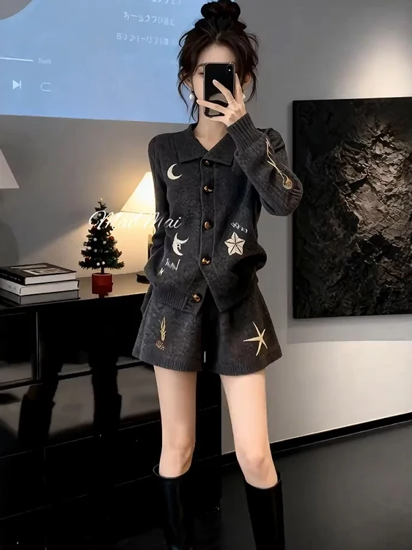 

Women's Star Embroidery Open Cardigan Slimming Shorts Two-Piece Set Loose Fit Casual Style Winter Collection Fashion Set