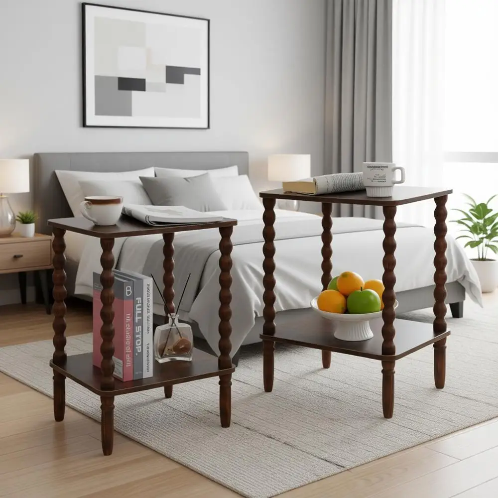 

Пара деревенских коричневых приставных столиков с полкой для хранения, подходящих для спальни, гостиной, офиса и небольших помещений