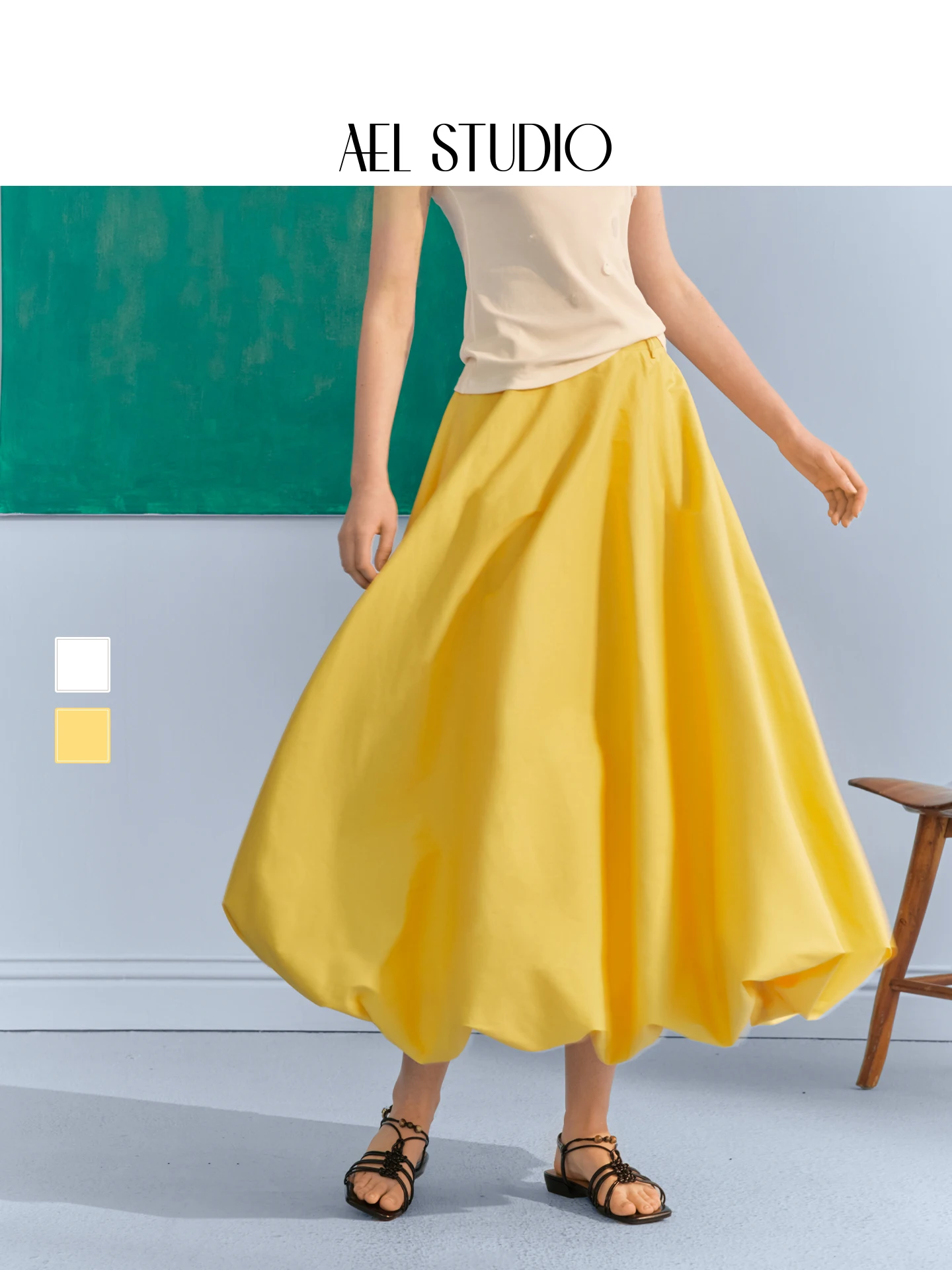 

Романтичная желтая юбка-полусолнце средней длины для женщин, весна-лето, новый стиль, оригинальный дизайн AEL, с завышенной талией