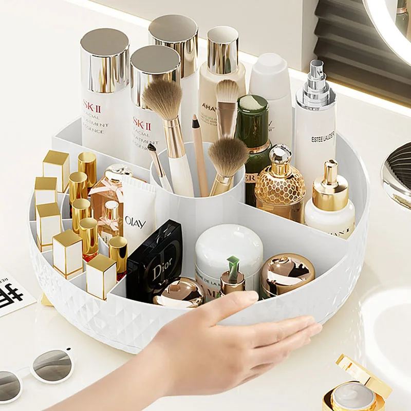 Caja de almacenamiento giratoria de 360 grados, contenedor de almacenamiento de cosméticos con patrón de diamante con múltiples compartimentos para brochas de maquillaje de lápiz labial