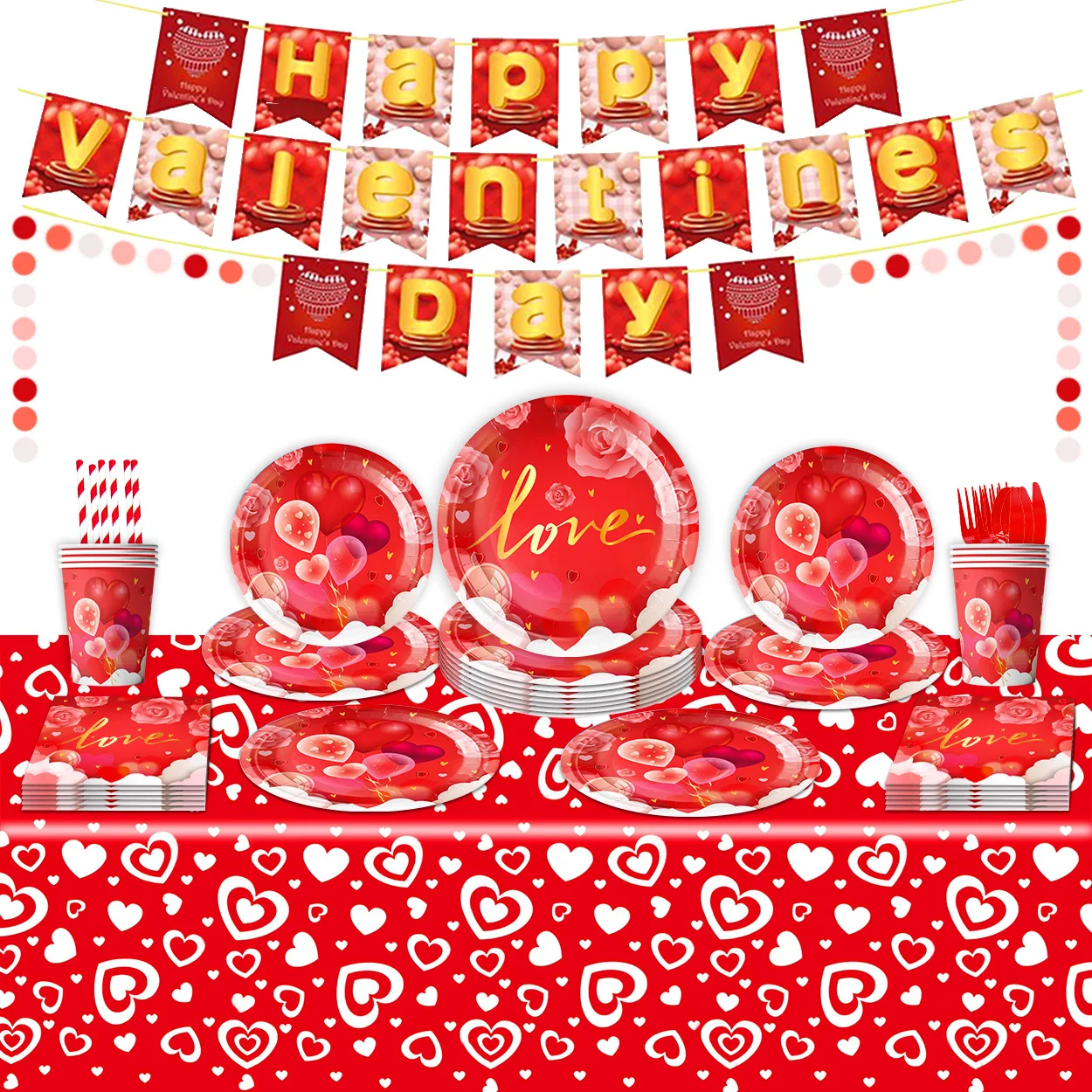 Valentine Day LOVE Theme Party Supplies Include Red Paper Plastic Spoons Forks Knives 9/7 Inch Disposable Dinner Dessert Plates