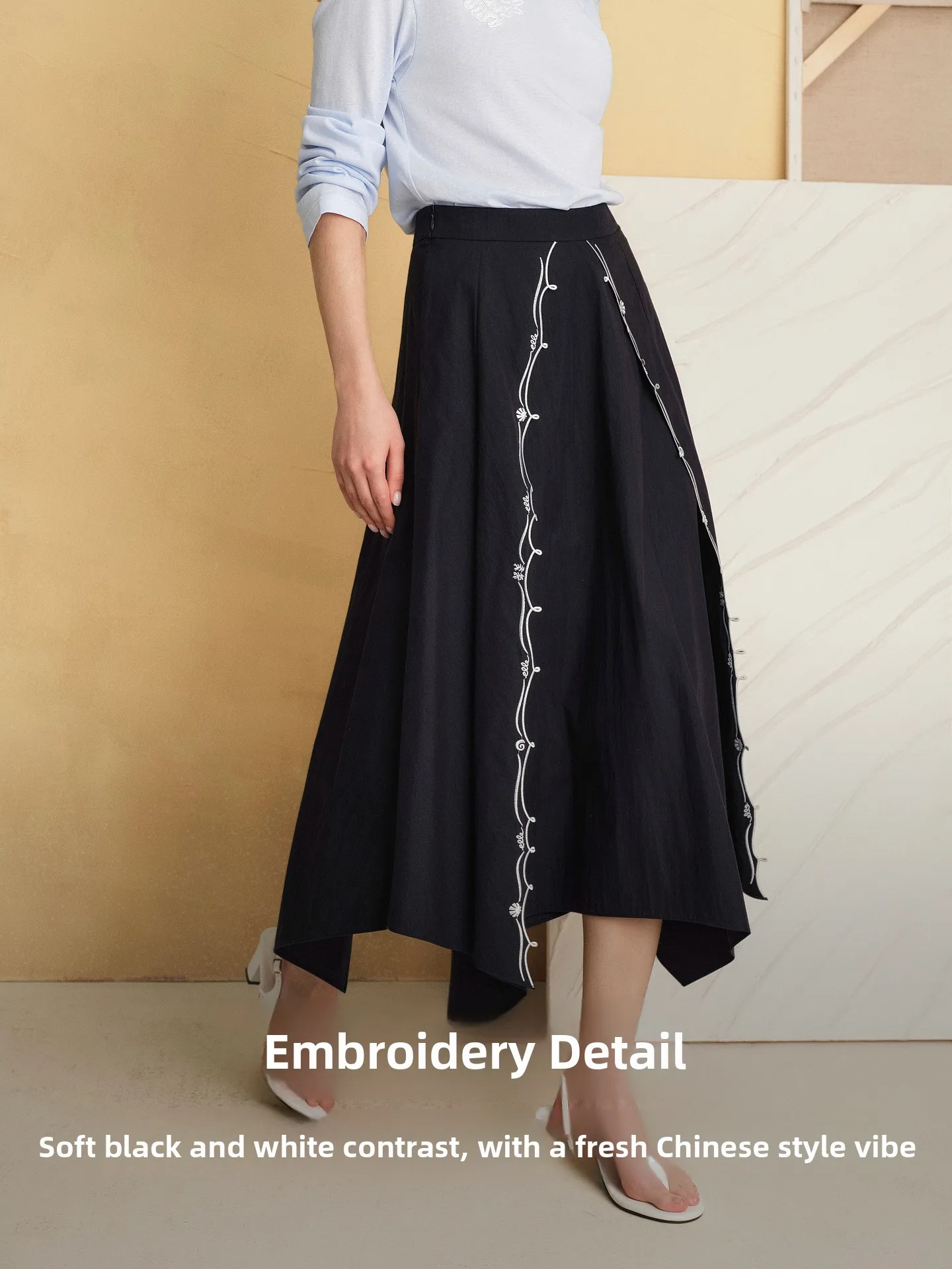 Elle Collaborative Irregular Color Block Half-length Skirt Women's Autumn New Style Elegant Drapey Long Skirt A-line Silhouette