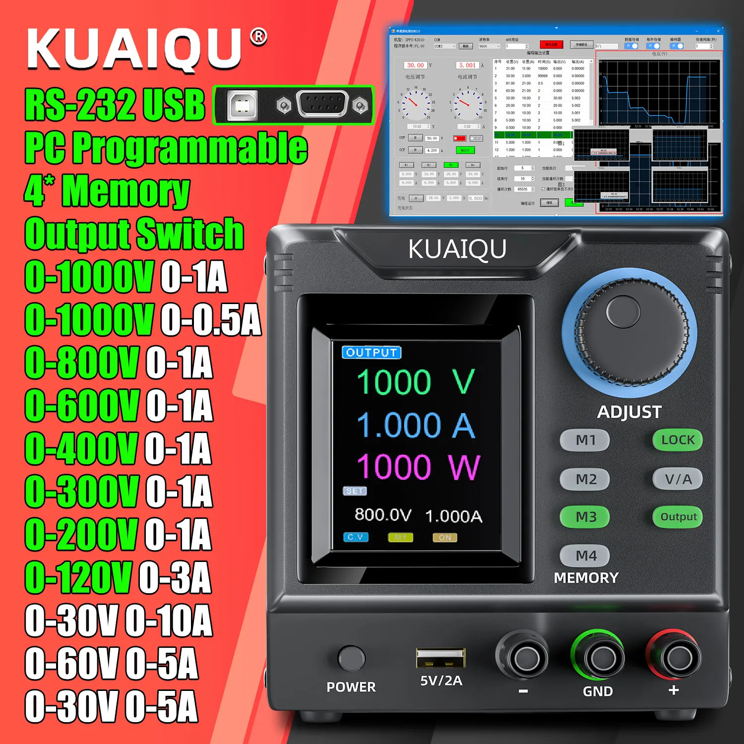 Fonte de Alimentação de Alta Potência KUAIQU 1000V, 800V, 400V Ajustável, Fonte de Alimentação de Bancada para Laboratório, Programável com Memória, LOCK C.C C.V, RS-232, Software USB