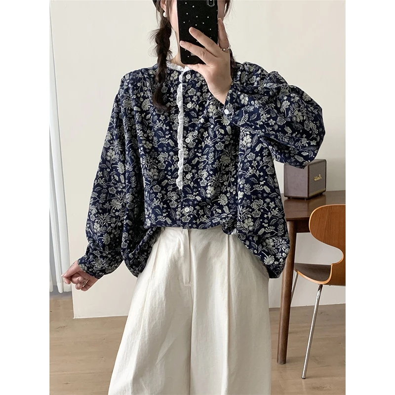 

Новая женская рубашка с длинным рукавом и принтом, весна 2026, с кружевным воротником-стойкой, повседневная свободная модель на одной пуговице, с опущенными рукавами