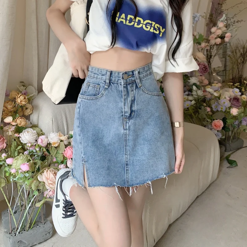 Dżinsowa spódnica z wysokim stanem damska, rozkloszowana, z rozcięciem, wyszczuplająca, rozszerzana, w stylu koreańskim, do pracy, jednolita.