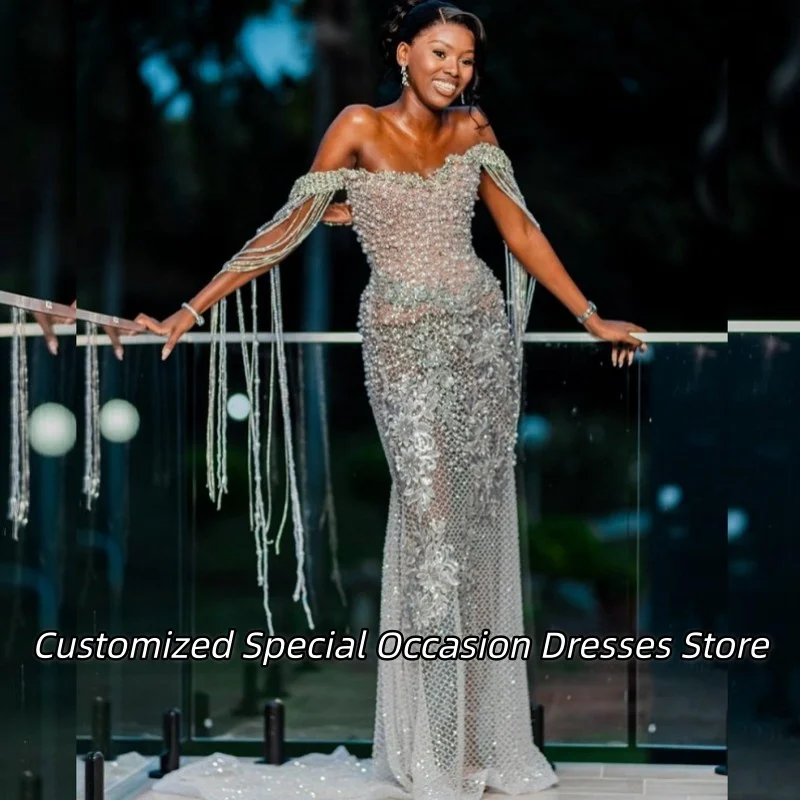 

Luxury Beaded Applique Prom Dresses Exquisite Tassel Off Shoulder Wedding Party Dress Evening Gowns For Black Girls Customized