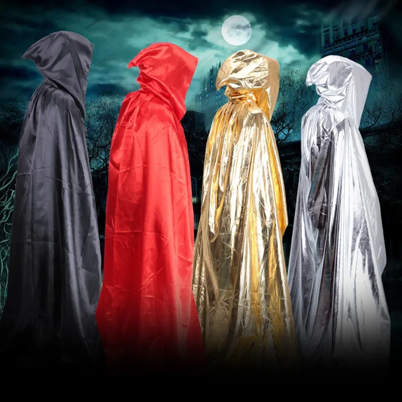 Gold Silber Rot Schwarz Frauen Männer Erwachsene Mittelalter Vampir Hexe Geist Party Kostüm Leder Look Halloween Long Cape Umhang Kapuze