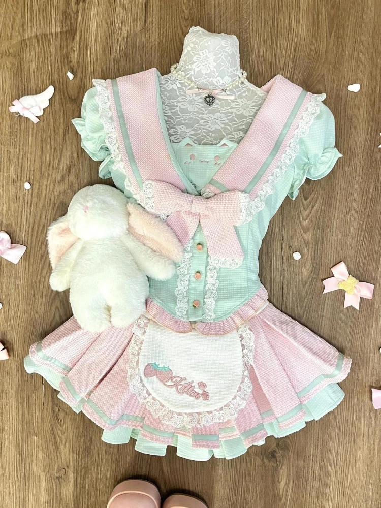 

Японский кавайный сладкий летний женский комплект из 2 предметов Y2k с бантом в стиле пэчворк, топы + мини-юбка, винтажная женская шикарная одежда в стиле Харадзюку